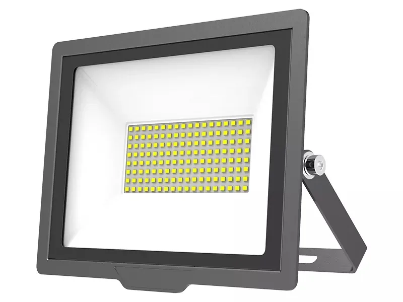 Rectangular LED floodlight with a toughened glass front and an adjustable yoke bracket